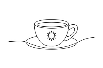 Minimalist single line drawing a coffee cup saucer with starburst design drink beverage