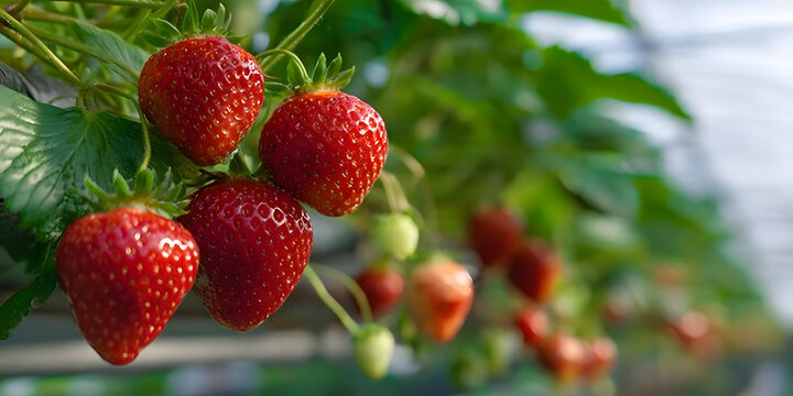 Cultivating strawberries in a greenhouse farm environment, where optimal conditions promote the growth of strawberries and enhance their quality for a fruitful harvest.