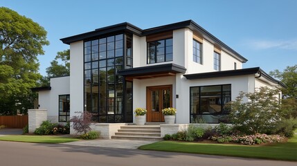 Fototapeta premium modern house with black windows and doors a tidy garden, and a clear sky above