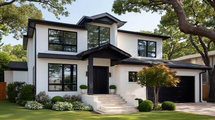 Fototapeta premium modern house with black windows and doors a tidy garden, and a clear sky above