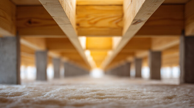Protective fire coating applied on mass timber beams in construction, showing insulation material and wooden structure with warm lighting
