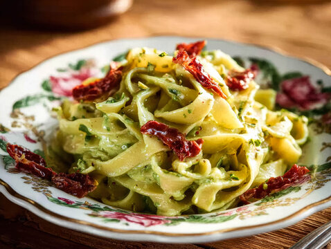Lagane Pasta With Creamy Pistachio Sauce And Sun Dried Tomatoes Served On Floral Plate, Lagane Pasta Pistachio Dish. Lagane Pasta With Pistachio Sauce