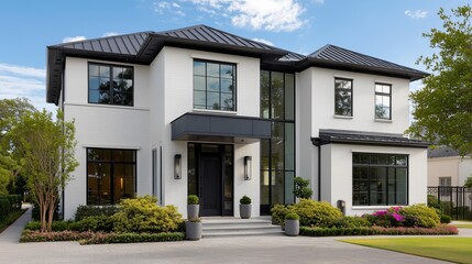 modern house with black windows and doors
a tidy garden, and a clear sky 
