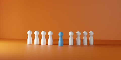 Individuality, leadership, being different, and standing out in a team or group. A single blue doll prominently positioned among a line of white dolls on a vibrant orange background.