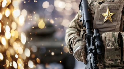 Soldier in military uniform holds rifle, showcasing star emblem on chest. background features blurred lights, creating festive atmosphere