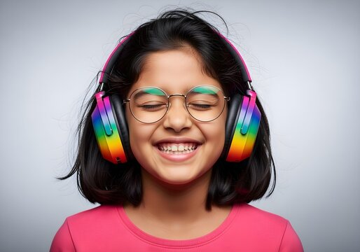 Smiling indian autistic child girl avatar with rainbow noise cancelling headphone glasses for autism awareness day and month promoting neurodiversity inclusion joy brain health support