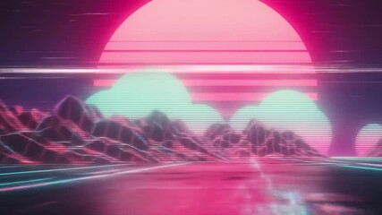 Retro-futuristic landscape with glowing neon lines, abstract mountains, and a large pink sun, capturing a unique digital aesthetic. - Powered by Adobe