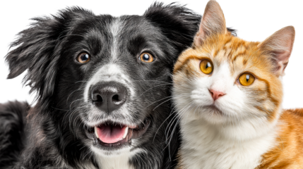 Close up on a dog and cat faces side by side