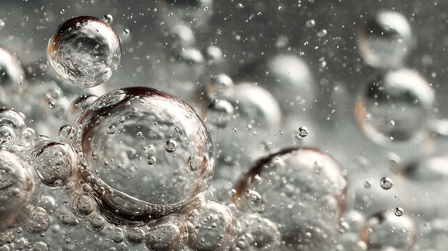Close up of rising bubbles in water isolated on white background