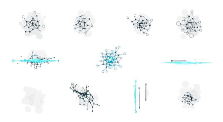 Abstract molecular network illustrations depicting dynamic chemical and biological interactions with interconnected nodes and lines