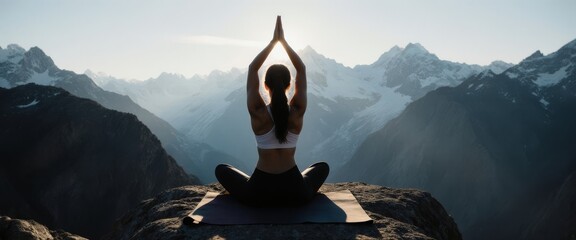 A woman is exercising in the mountains in nature. Only her silhouette is visible in the rays of the sun.