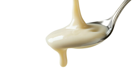 Condensed milk flowing down from a metal spoon isolated on a transparent background