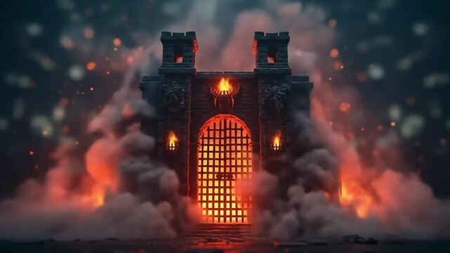 The formidable entrance to a dark fantasy fortress is engulfed in fiery smoke, glowing with an intense, ominous light.