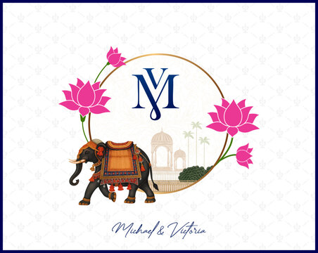 Elegant Indian wedding monogram featuring a golden circular frame, delicate pink lotus flowers, a traditional decorated elephant, and a palace silhouette. Perfect for royal-themed and premium weddings - Powered by Adobe