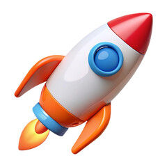 3D cartoon rocket ship with orange fins and red nose cone isolated on a transparent background