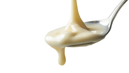 Condensed milk flowing down from a metal spoon isolated on a transparent background