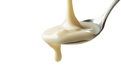Condensed milk flowing down from a metal spoon isolated on a transparent background