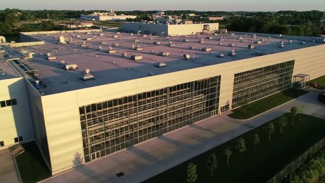 An expansive aerial view captures a modern industrial building with a vast flat roof and glass facade, set within a commercial park under clear skies.