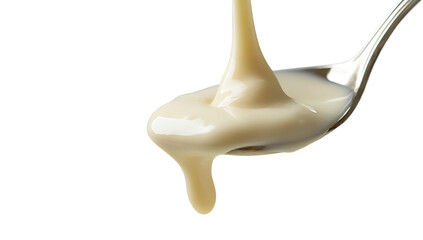 Condensed milk flowing down from a metal spoon isolated on a transparent background