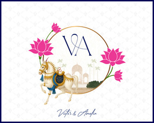 Elegant Indian wedding monogram logo featuring VA initials, royal horse, lotus flowers, and Taj Mahal backdrop in a gold circle frame.