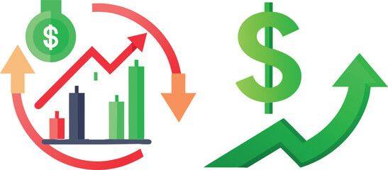 Financial Rise and Fall: Dynamic visual of market fluctuations with an upward arrow symbolizing growth, complemented by financial symbols