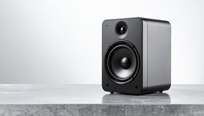 Sleek black bookshelf speaker on a modern concrete pedestal in a minimalist studio setting