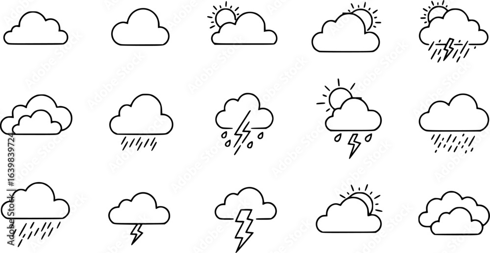 Wall mural set of clouds in a linear style. cloud in line or outline collection. vector illustration.