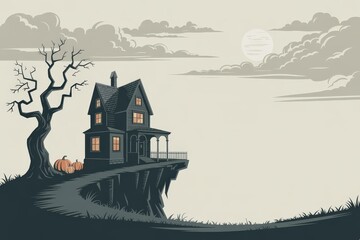 Vintage Vector Haunted Victorian Mansion Cliff — Flat Retro Halloween Poster & Flyer Background Dead Tree, Pumpkins & Full Moon Pale Cream, Muted Teal & Orange Palette, Copy Space