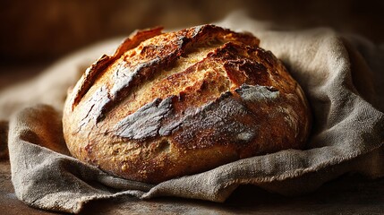 freshly baked bread on rustic linen natural soft warm lighting detailed texture