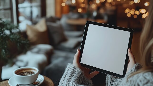 Woman Holding Blank Tablet in Cozy Coffee Shop, Warm Bokeh Background Mockup for UI Display and Digital Marketing