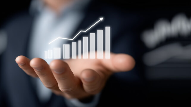 Outstretched male hand showcasing a futuristic holographic stock market growth chart with arrow pointing upward, surrounded by translucent data overlays and trading indicators, financial growth, stock