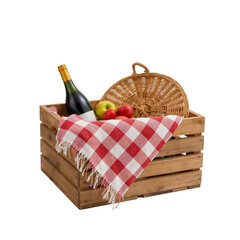 Charming Still Life, A Rustic Wooden Crate Filled with Wine Apples and a Woven Picnic Basket