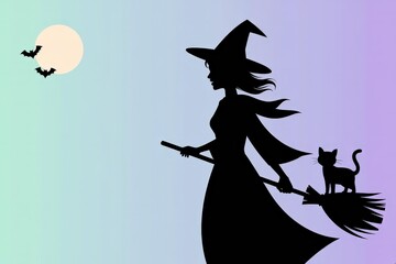 Fototapeta premium Minimalist Vector Witch Broomstick Silhouette Black Cat, Full Moon & Bats — Pastel Mint Lavender Gradient Background, Right-Aligned Copy Space / Negative Space Halloween Promotion Banner, Party Invita