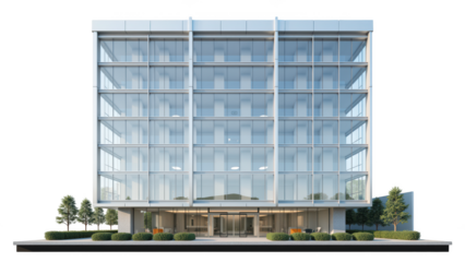 Modern office building with glass facade, surrounded by greenery, showcasing contemporary architecture and inviting entrance