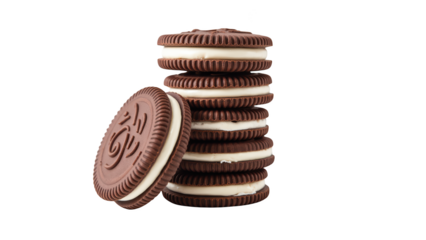 Delicious chocolate cookies stacked high, featuring creamy filling, perfect for snacking or dessert. Indulge in this sweet treat