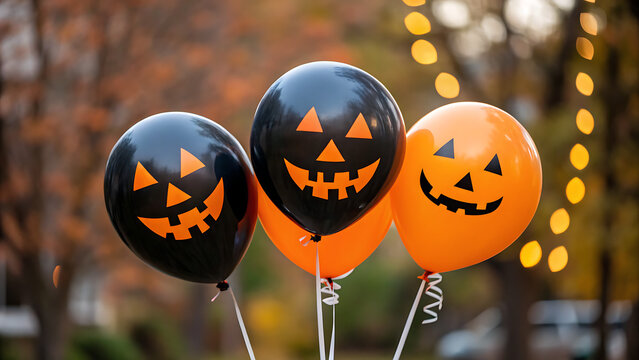 Three festive halloween balloons with carved jack o lantern faces in black and orange colors outdoors - Powered by Adobe