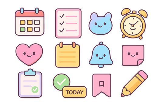 Colorful planner icons with checklists, reminders, and alarms digital planning icons