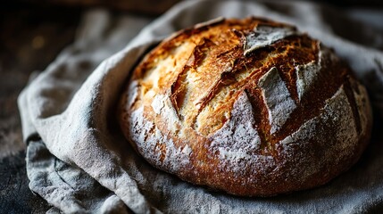 freshly baked artisan bread on rustic linen close up natural warm light