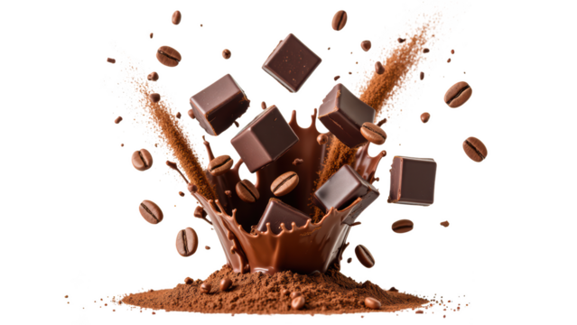 Rich chocolate splashes with cocoa powder and coffee beans, creating delightful and indulgent scene