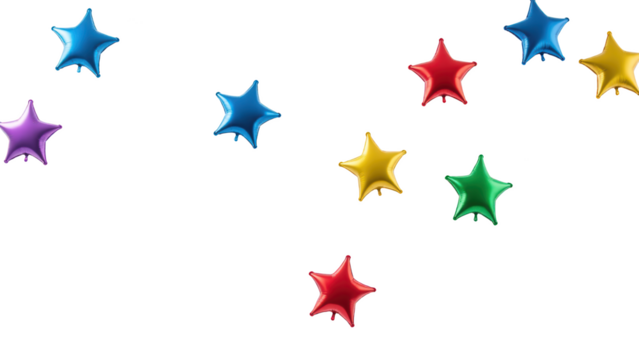 Colorful stars in various shapes and sizes create festive atmosphere, perfect for celebrations and events