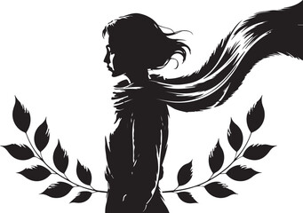 Windy Woman Silhouette with Flowing Scarf and Leaves – Elegant Nature-Inspired Art