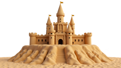 Detailed sandcastle with towers and flags, set on sandy surface, evokes sense of creativity and playfulness