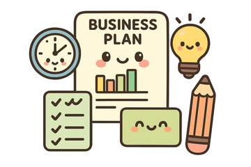 Cute business plan concept illustration with ideas and tools business planning system