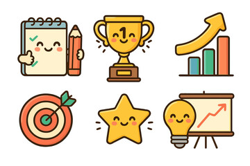 Cheerful icons representing success, goals, and achievements in colorful style results-centric layout