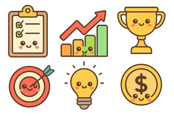 Cute icons depicting achievement, growth, and success in pastel colors results-centric layout