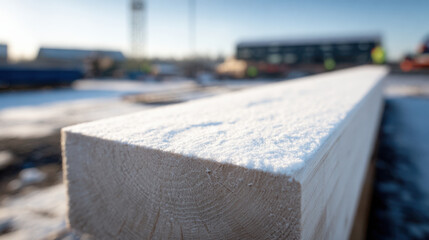 Snow covered wooden beam with visible end grain texture in outdoor construction site during winter morning light
