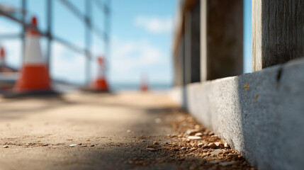 Construction site ground close up with safety cones and metal railing under soft daylight