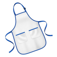 White kitchen apron with blue trim isolated on transparent background