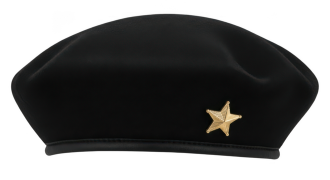 Black beret with gold star emblem isolated on transparent background
