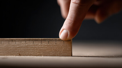 Close up of finger measuring wooden block with ruler on table showing precise craftsmanship and careful work